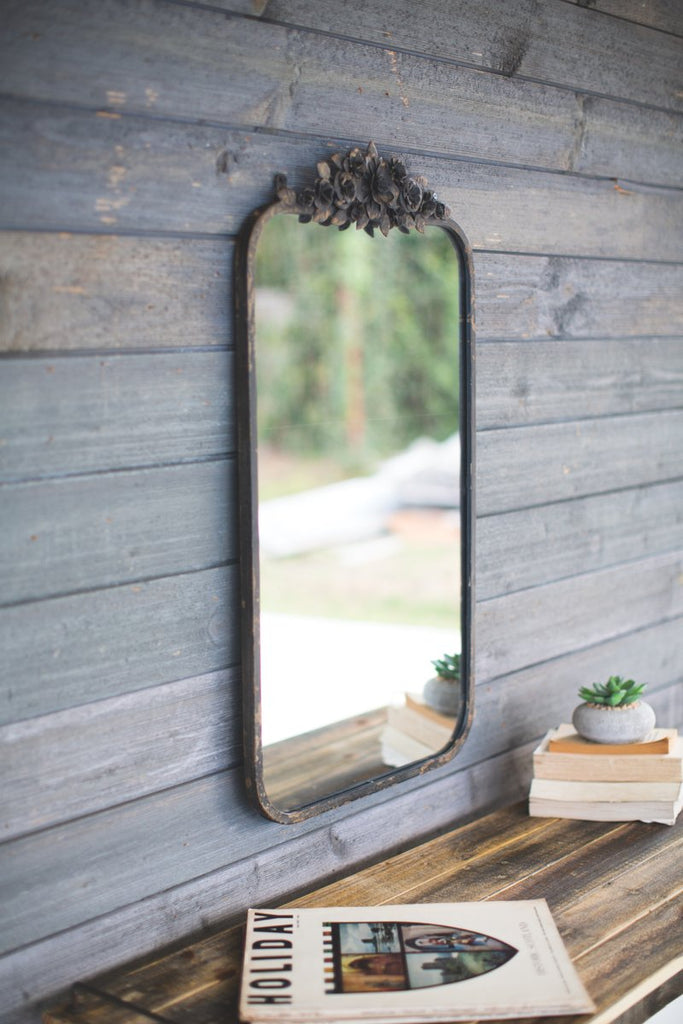 RECTANGLE METAL MIRROR WITH FLOWER DETAILS-Fiore Verde