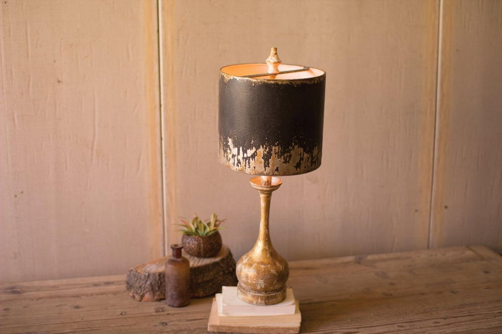 TABLE LAMP - ROUND WOODEN BASE W BLACK & GOLD METAL SHADE-Fiore Verde