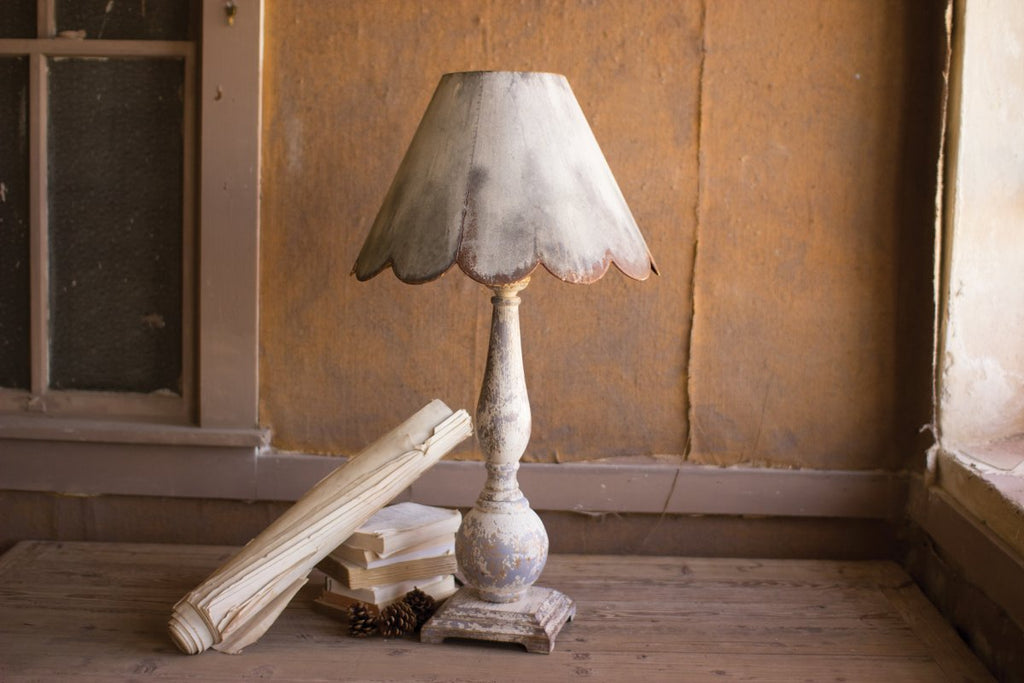TABLE LAMP - WOOD BASE WITH RUSTIC SCALLOPED METAL SHADE-Fiore Verde