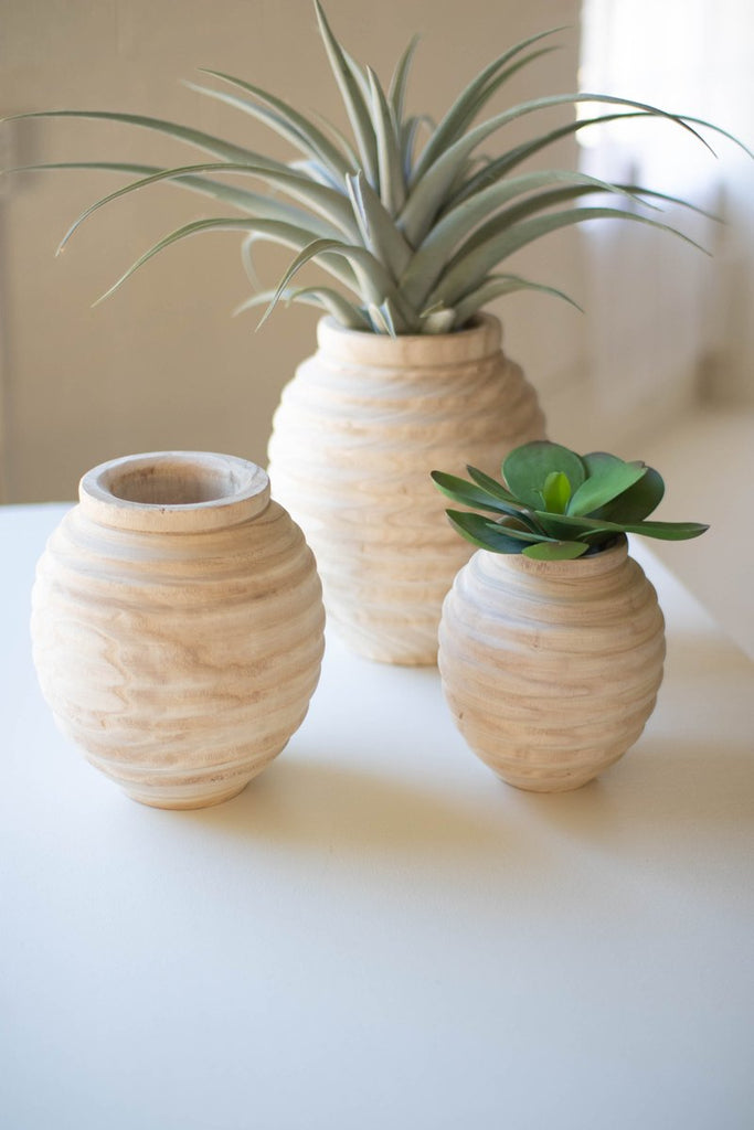 SET OF THREE NATURAL WOODEN GOURD POTS-Fiore Verde