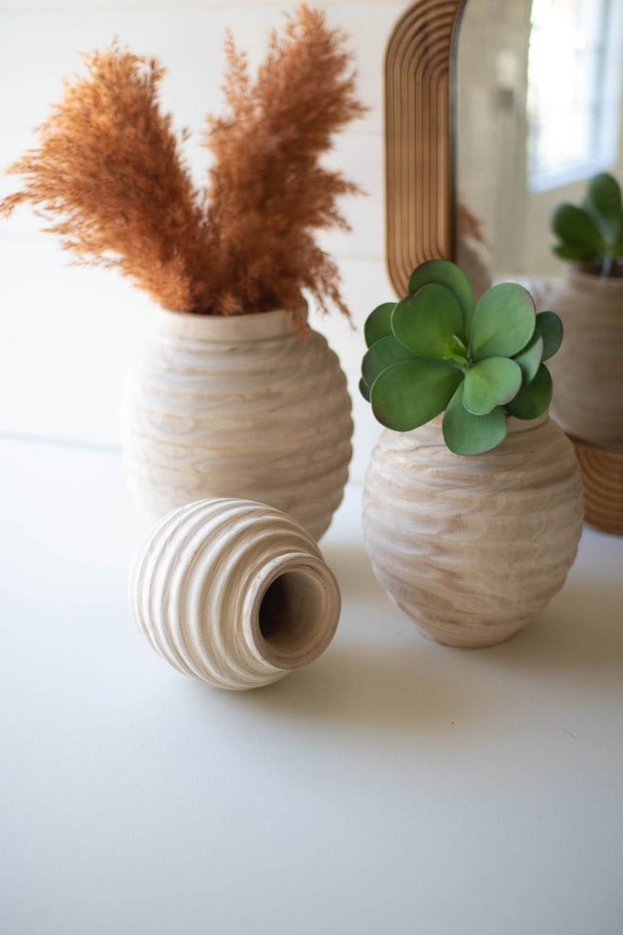 SET OF THREE NATURAL WOODEN GOURD POTS-Fiore Verde