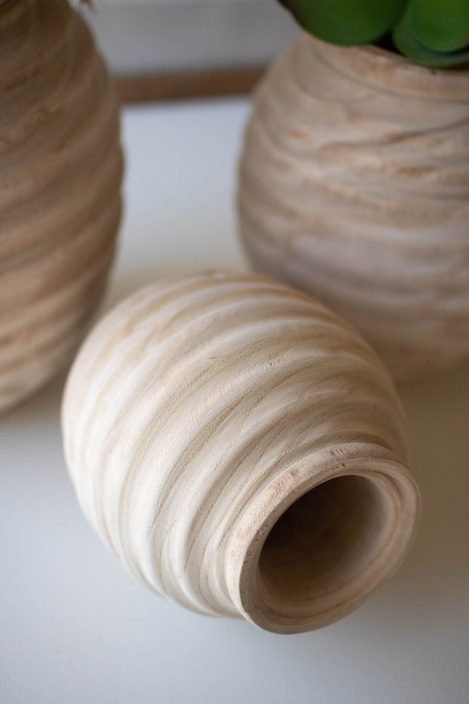 SET OF THREE NATURAL WOODEN GOURD POTS-Fiore Verde