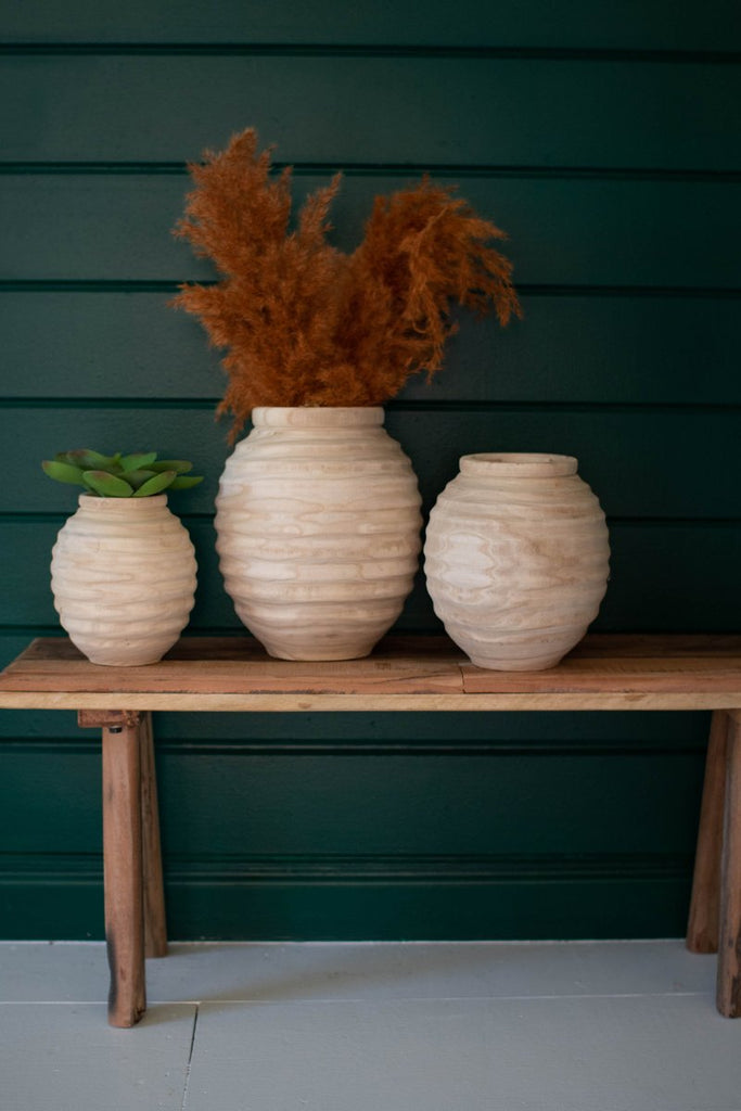 SET OF THREE NATURAL WOODEN GOURD POTS-Fiore Verde