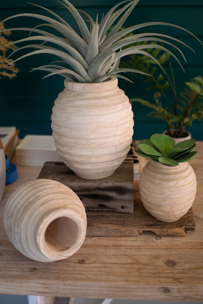 SET OF THREE NATURAL WOODEN GOURD POTS-Fiore Verde