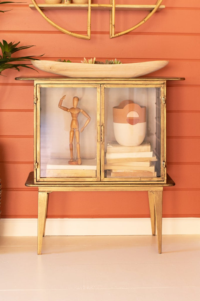 ANTIQUE BRASS AND GLASS TWO DOOR CABINET-Fiore Verde