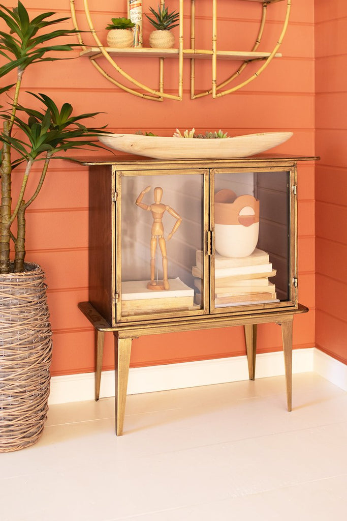 ANTIQUE BRASS AND GLASS TWO DOOR CABINET-Fiore Verde