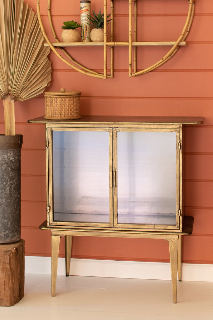 ANTIQUE BRASS AND GLASS TWO DOOR CABINET-Fiore Verde