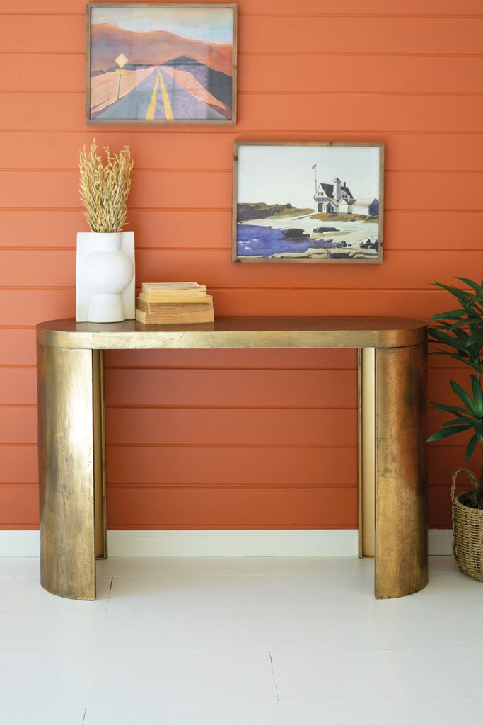 OVAL ANTIQUE BRASS CONSOLE TABLE-Fiore Verde