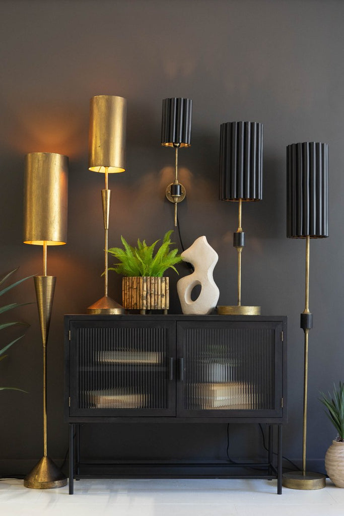 ANTIQUE GOLD FLOOR LAMP WITH FLUTED BLACK METAL SHADE-Fiore Verde
