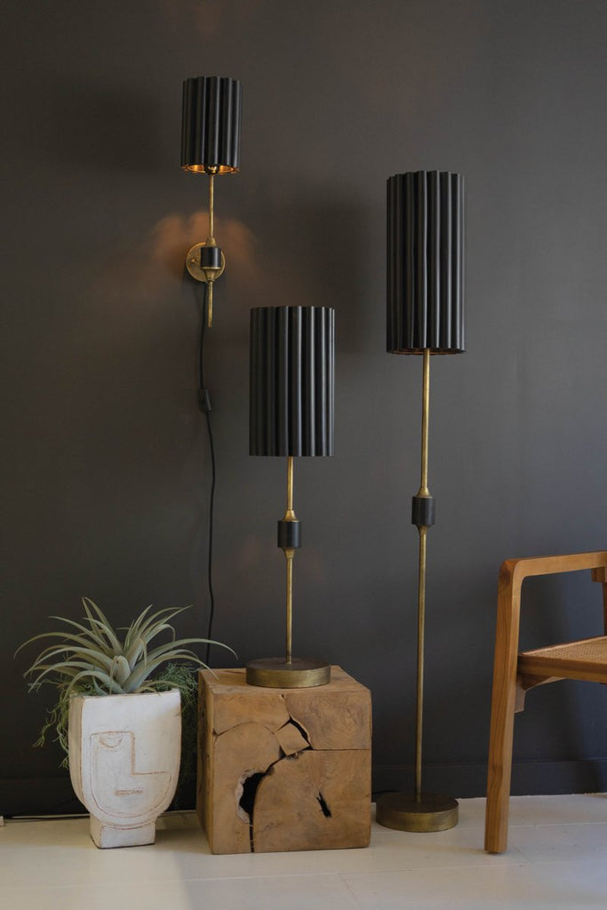 ANTIQUE GOLD FLOOR LAMP WITH FLUTED BLACK METAL SHADE-Fiore Verde