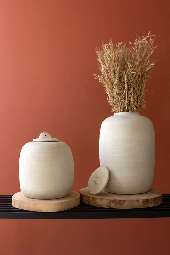 SET OF TWO OFF-WHITE CERAMIC CANISTERS-Fiore Verde