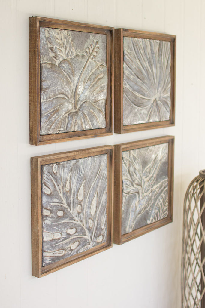 SET OF FOUR FRAMED TROPICAL PRESSED METAL TILES-Fiore Verde