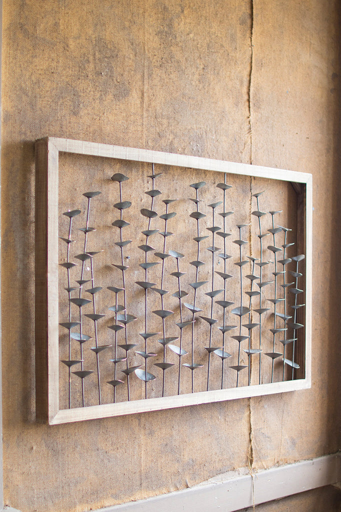 WOOD FRAMED METAL LEAVES WALL HANGING-Fiore Verde