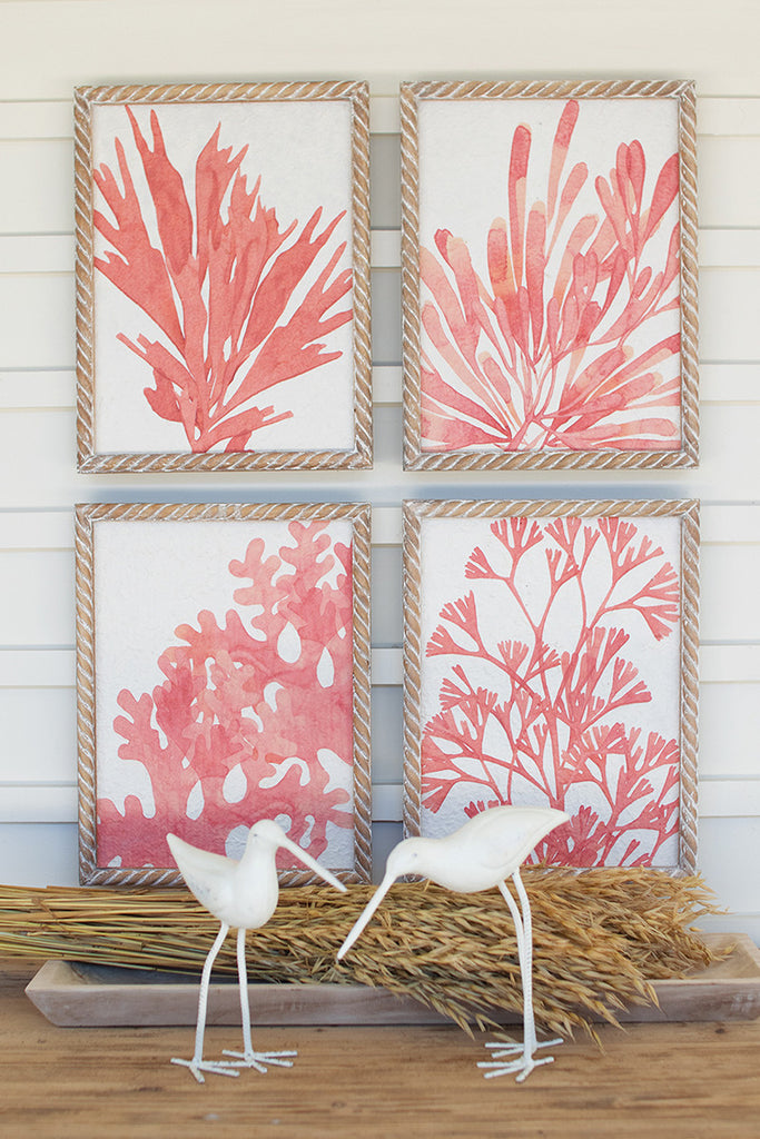 SET OF FOUR CORAL PRINTS WITH WOODEN FRAMES-Fiore Verde