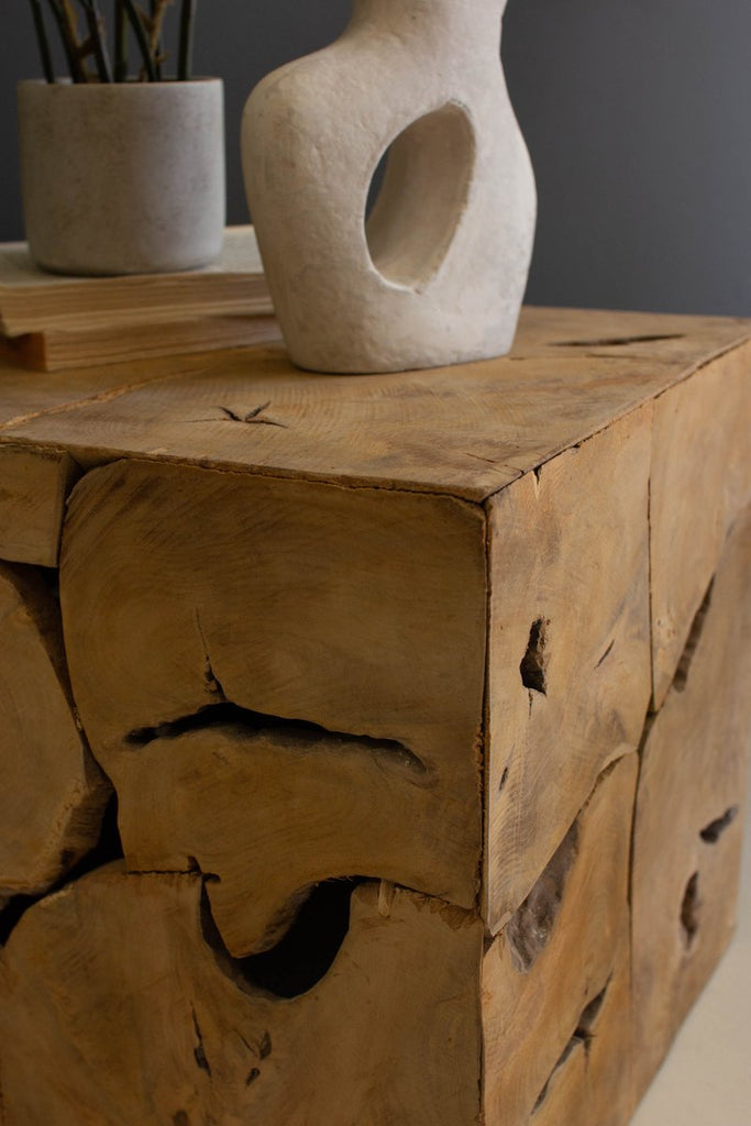 RUSTIC TEAK WOOD CUBE-Fiore Verde