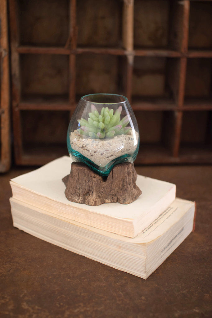 BLOWN GLASS BOWL ON DRIFTWOOD BASE - SMALL-Fiore Verde