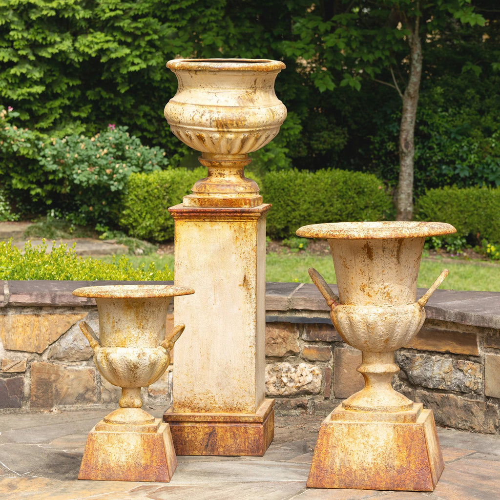 Metal Portico Urn with Tall Pedestal-Fiore Verde