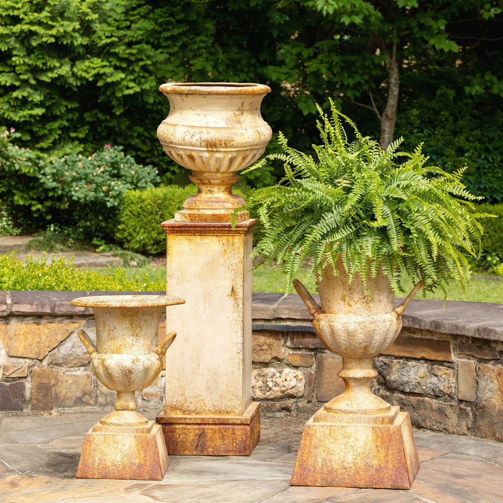 Metal Portico Urn with Tall Pedestal-Fiore Verde