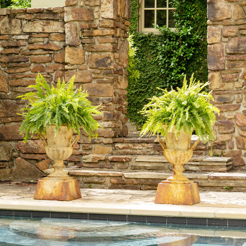 Fluted Metal Urn with Pedestal, 33"-Fiore Verde