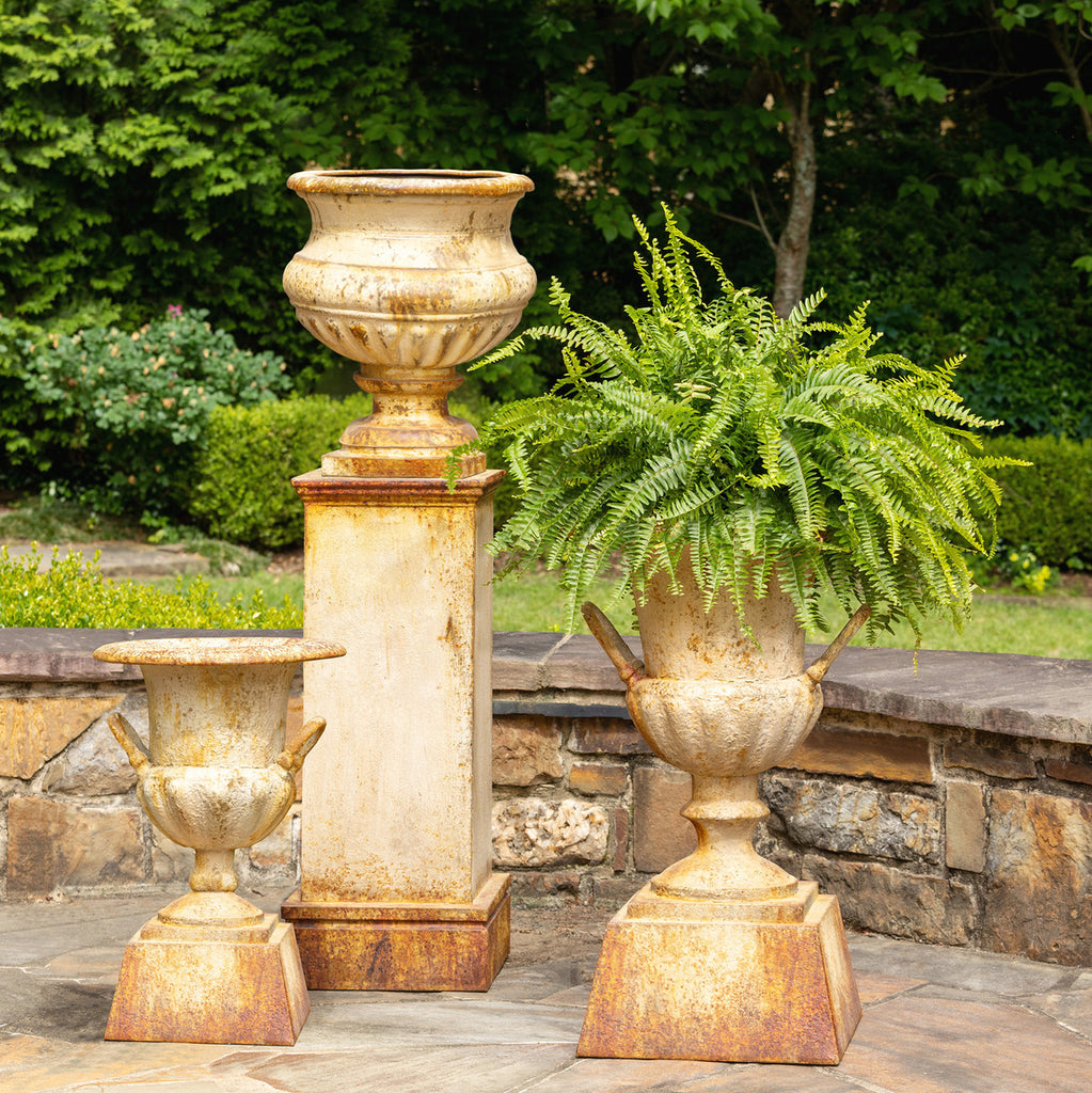 Fluted Metal Urn with Pedestal, 33"-Fiore Verde