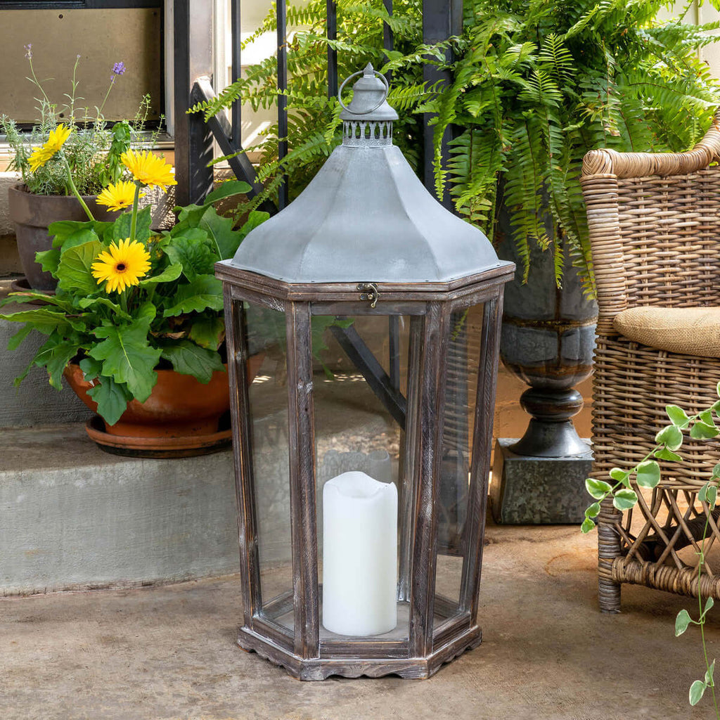 Wood & Galvanized Metal Lantern, Large-Fiore Verde