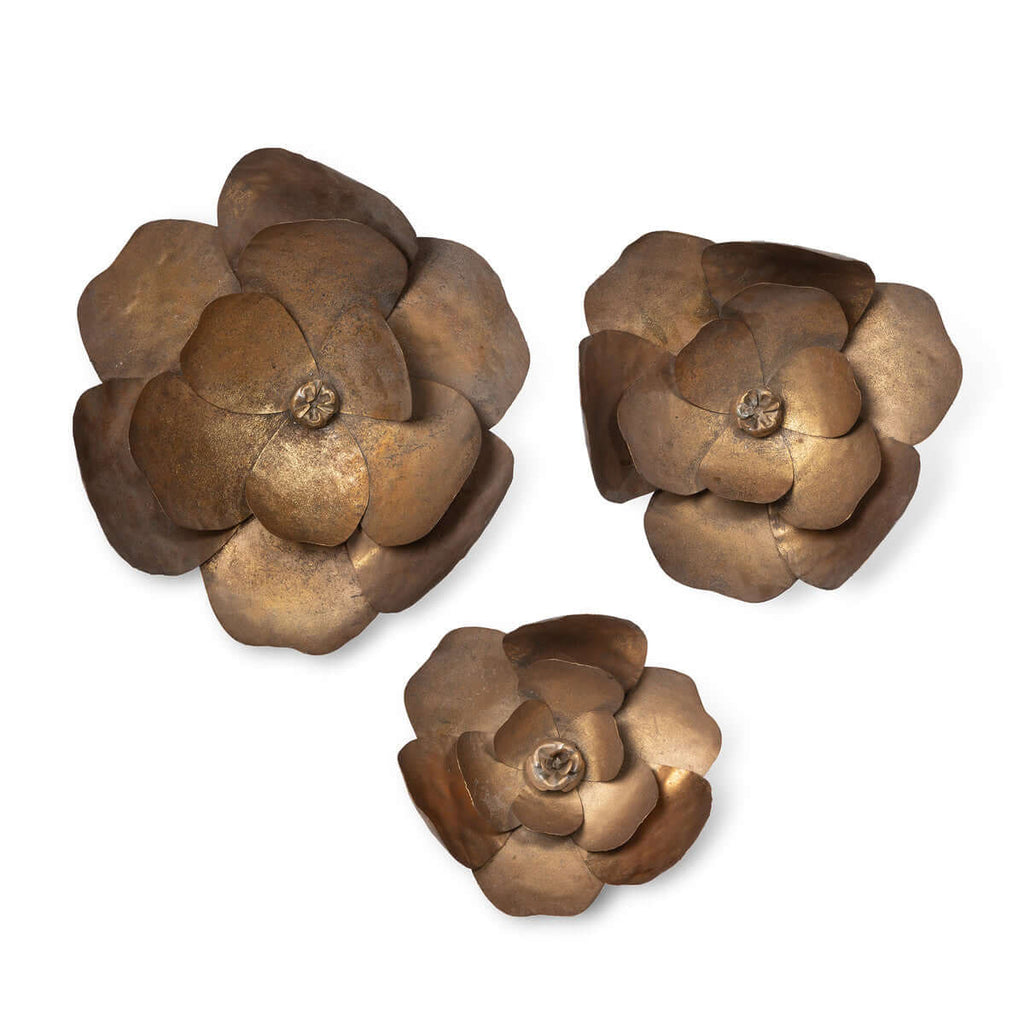 Antique Bronze Magnolia Wall Flowers, Set of 3-Fiore Verde