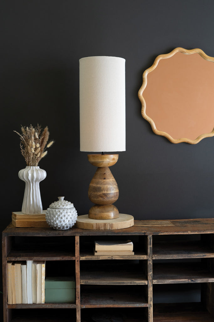 MANGO WOOD TABLE LAMP BASE W FABRIC CYLINDER LAMPSHADE-Fiore Verde
