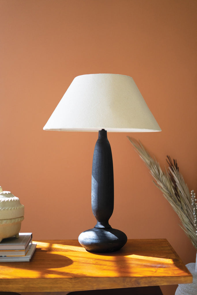 BLACK MANGO WOOD TABLE LAMP BASE W FABRIC LAMPSHADE-Fiore Verde