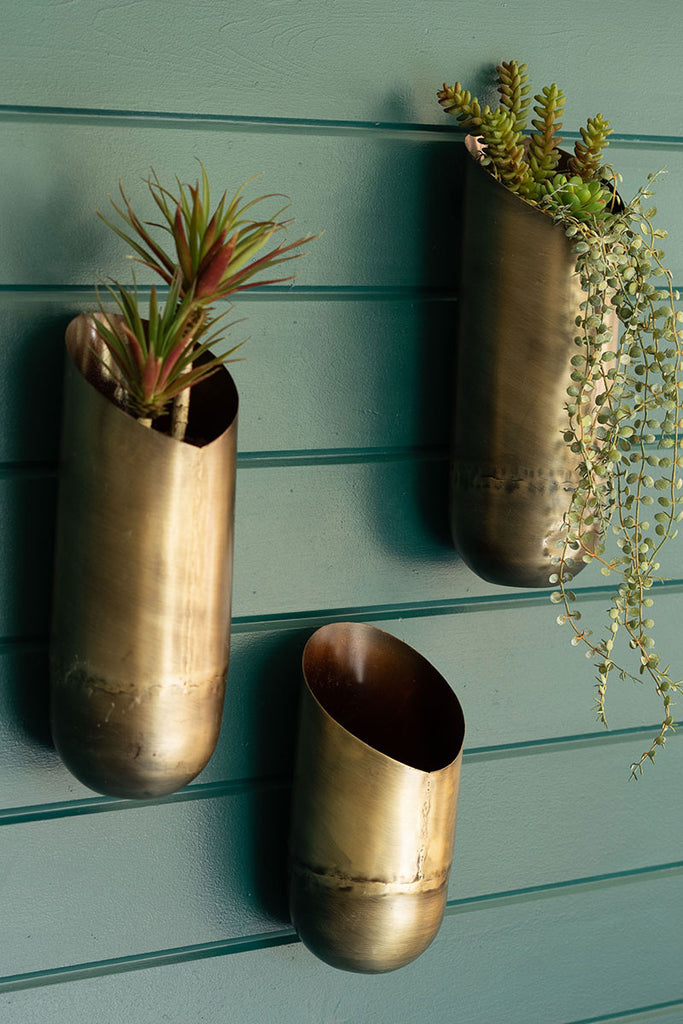 SET OF THREE ANTIQUE BRASS WALL VASES-Fiore Verde