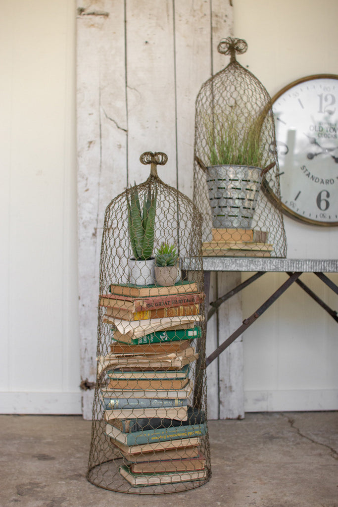 SET OF TWO WIRE CLOCHE TOPIARIES-OLD GOLD-Fiore Verde