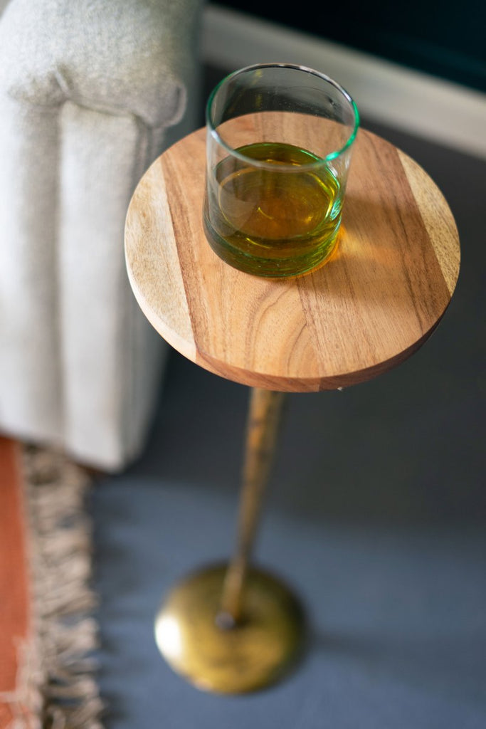 ANTIQUE BRASS COCKTAIL TABLE WITH ACACIA WOOD TOP-Fiore Verde
