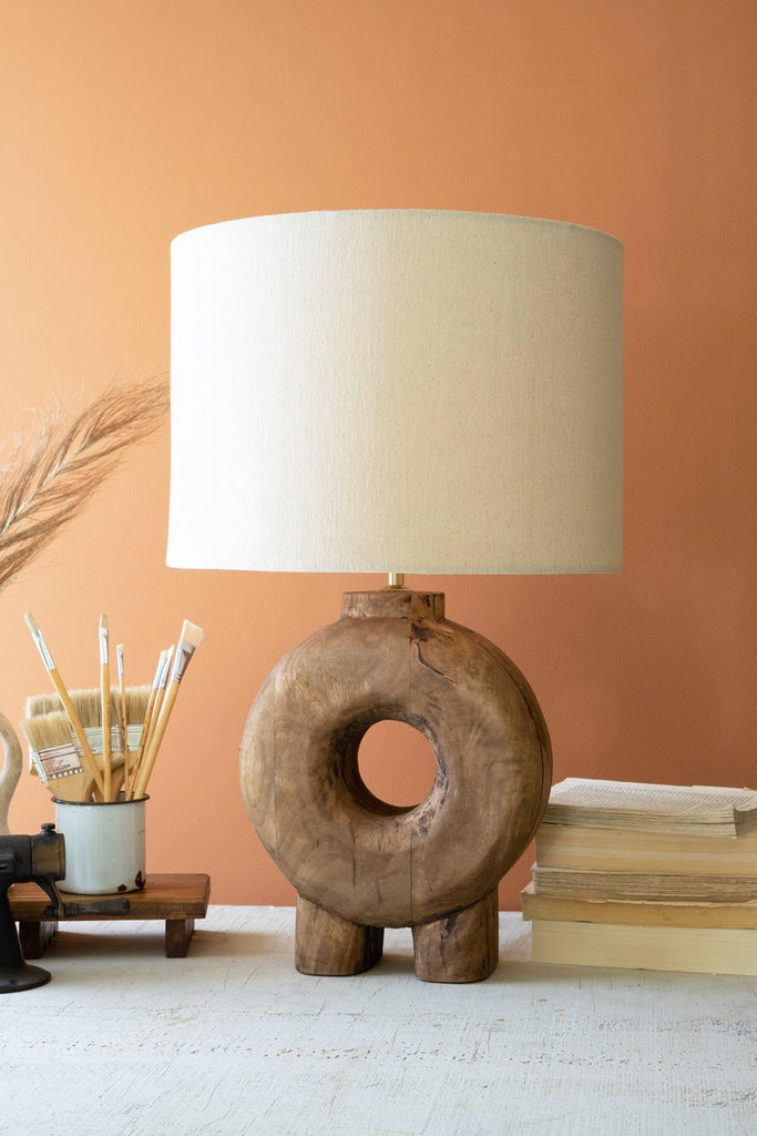 RECYCLED WOOD TABLE LAMP BASE W FABRIC LAMP SHADE-Fiore Verde