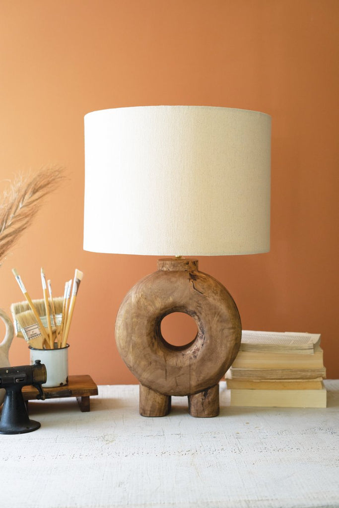RECYCLED WOOD TABLE LAMP BASE W FABRIC LAMP SHADE-Fiore Verde