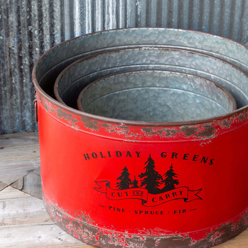 Antique Red Metal Tree Pots, Set of 3-Fiore Verde